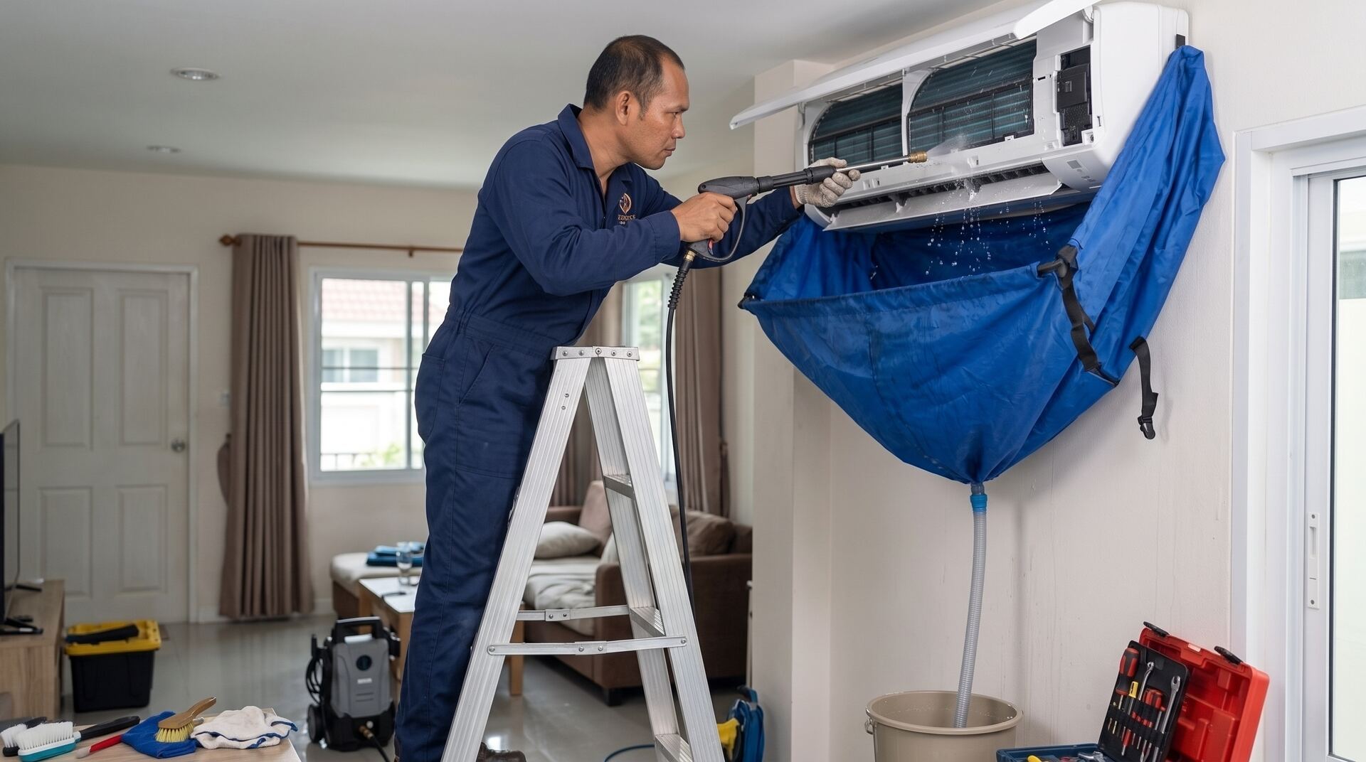 Technician cleaning a wall-mounted air conditioner