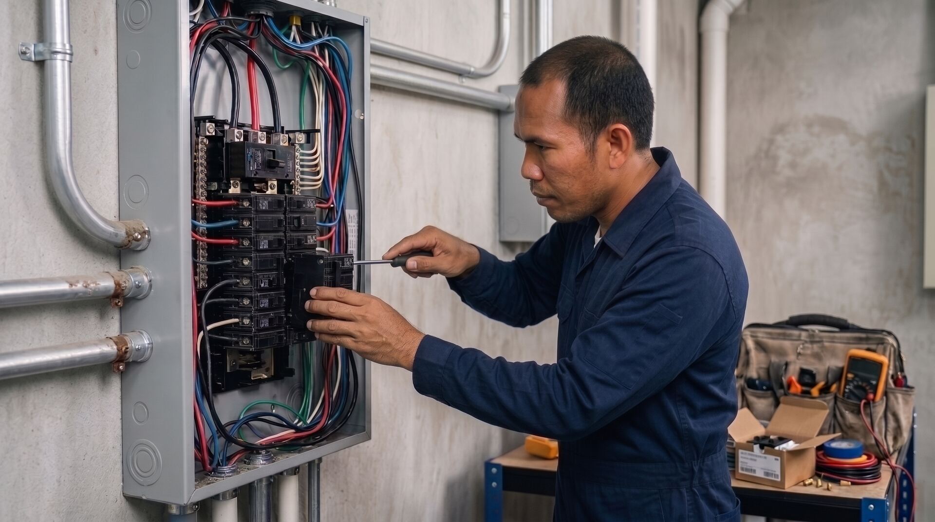 Technician working on an electrical breaker panel