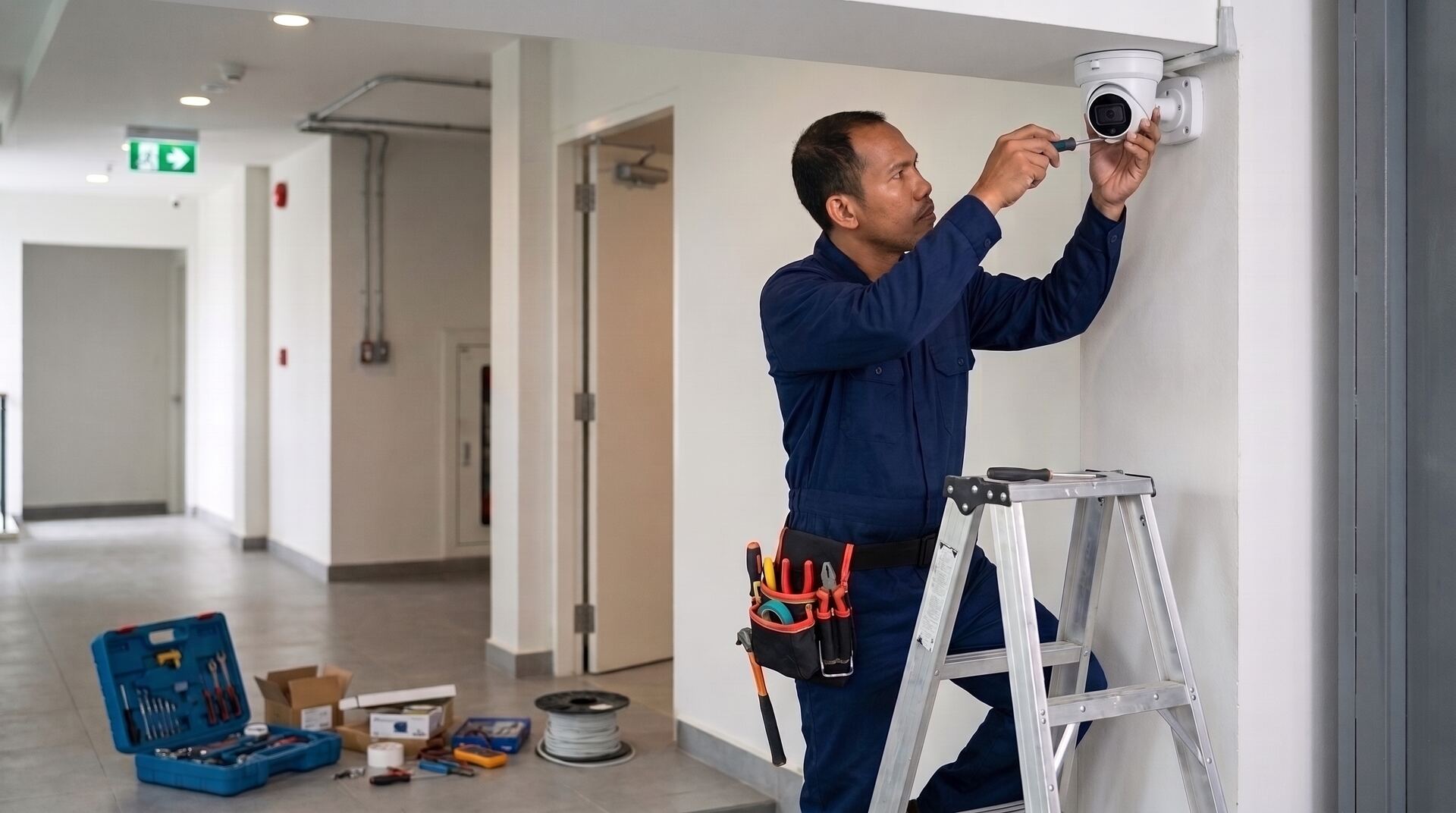 Technician installing a CCTV camera