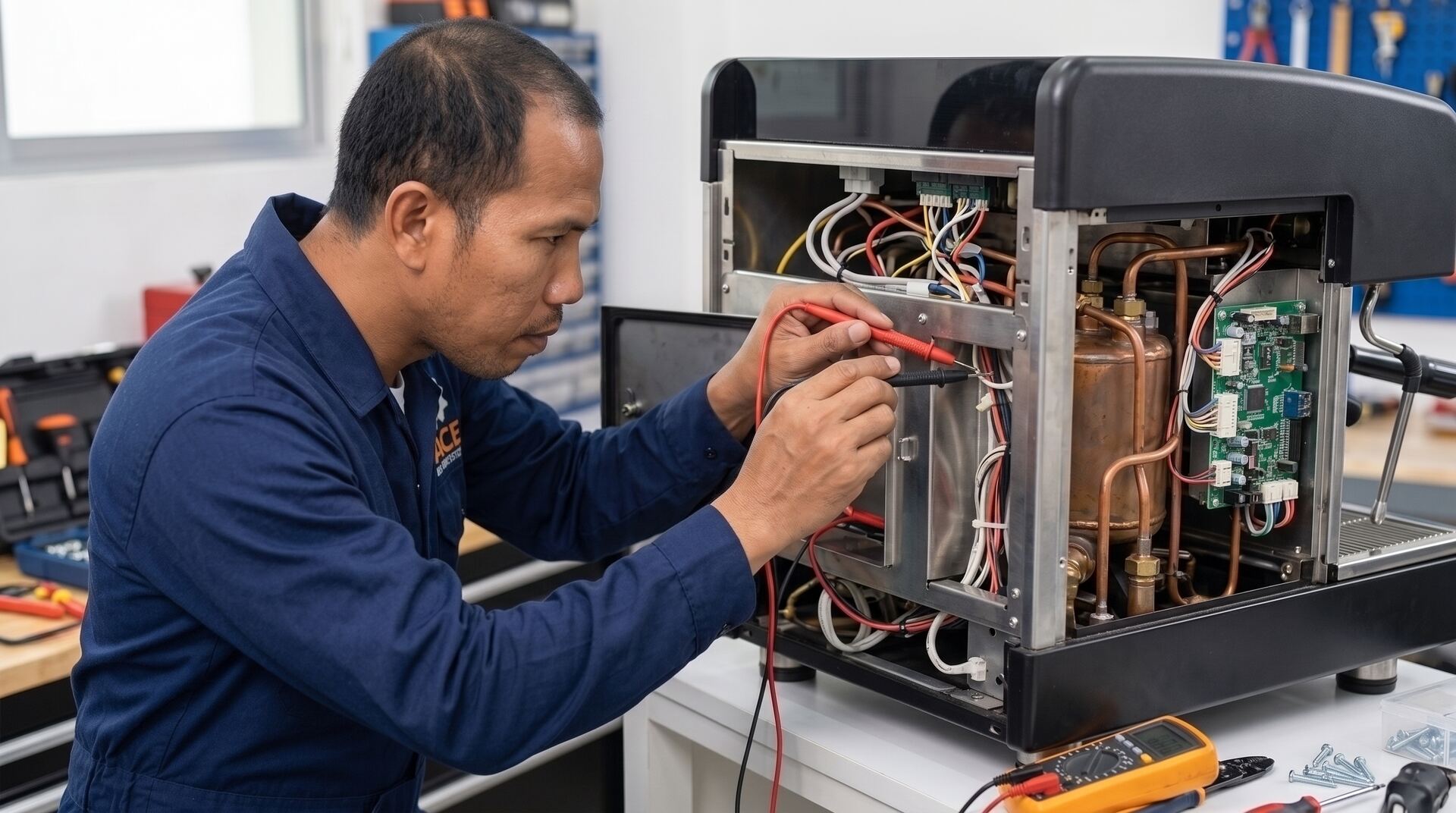 Technician repairing a coffee machine