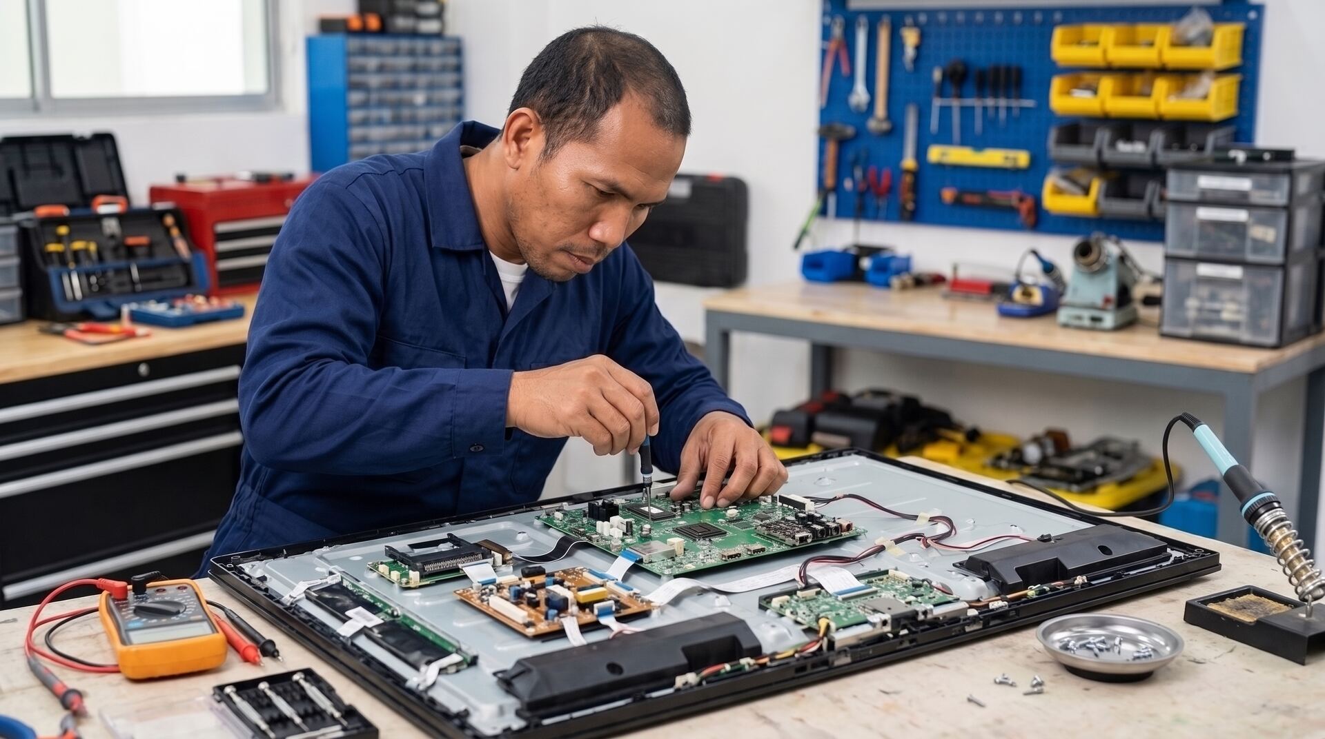 Technician setting up a flat-screen television