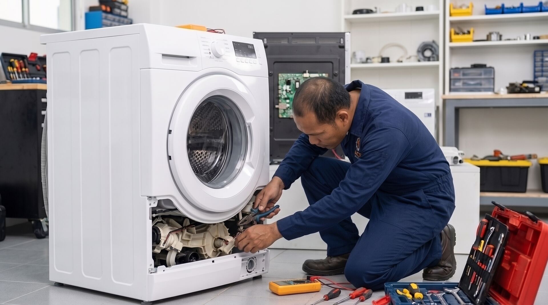 Technician repairing a washing machine